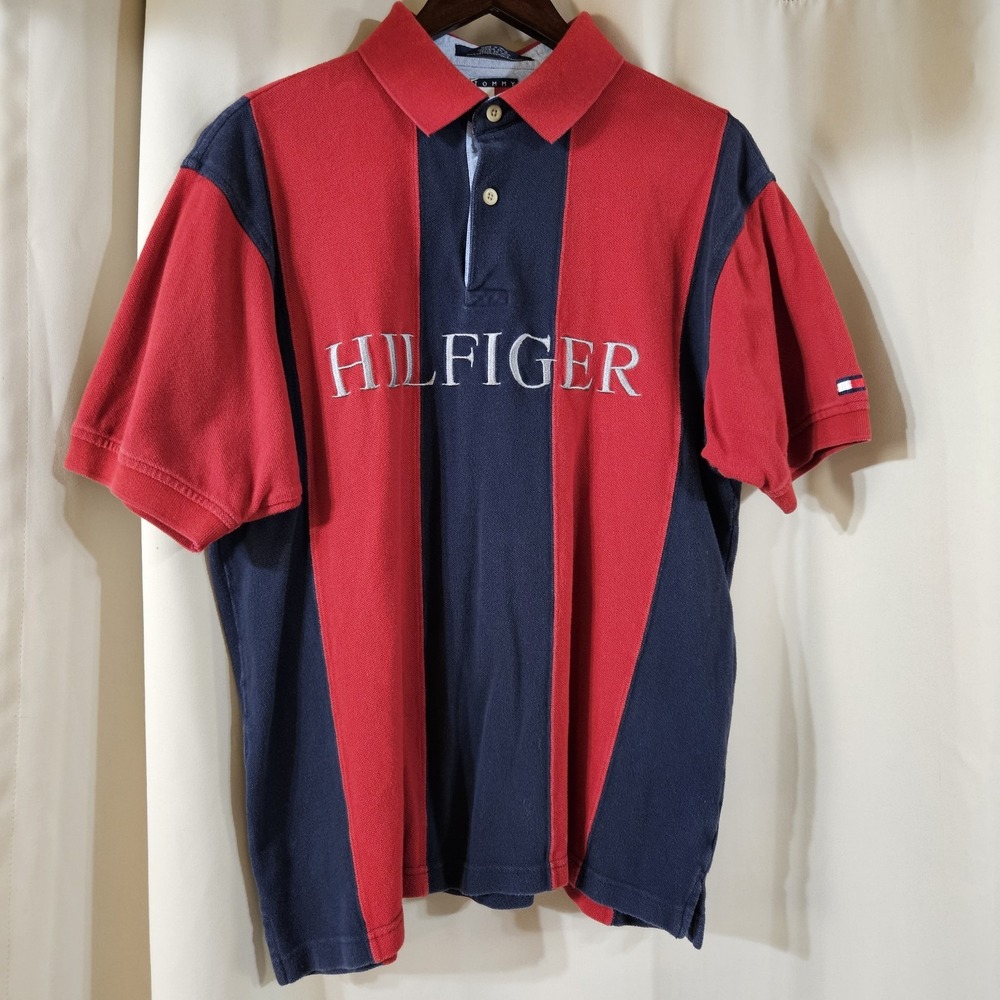 Vintage Tommy Hilfiger Red Navy‎ Colorblock Embroidered Logo Polo Shirt Mens M